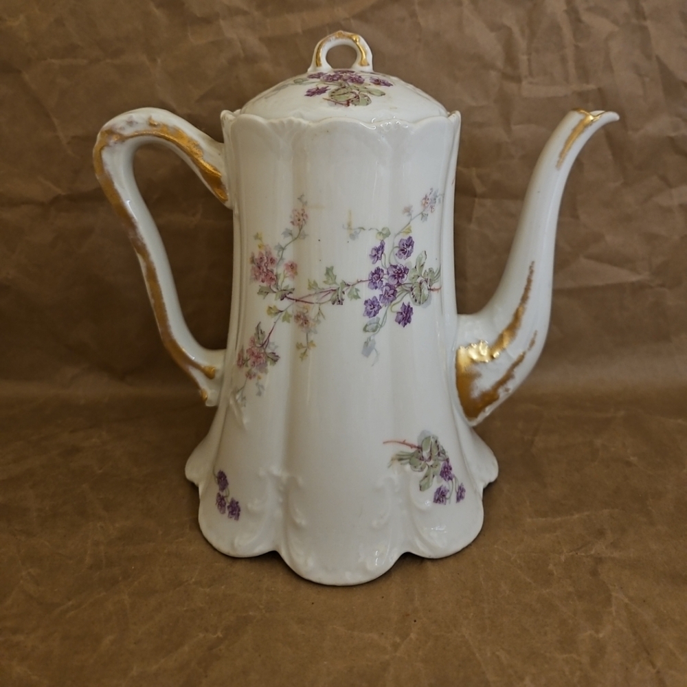 Limoges (Antique?) Pink And Lavendar Floral Teapot With Gold Accents EUC